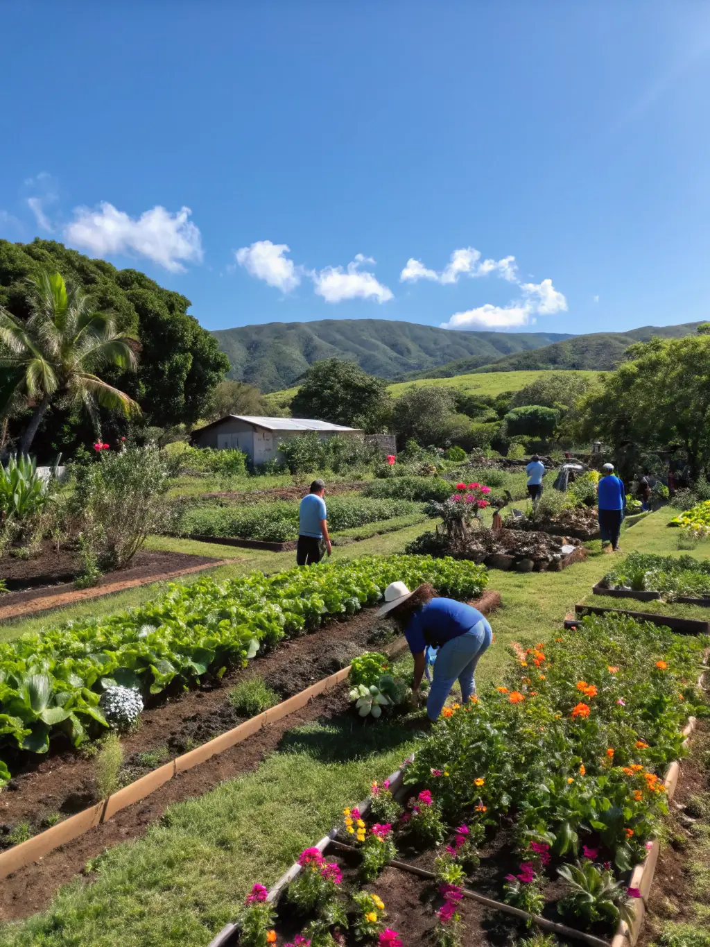 A wide shot of a revitalized community garden, showcasing a diverse array of thriving native Hawaiian plants cultivated through Lepo ‘Ula's efforts.