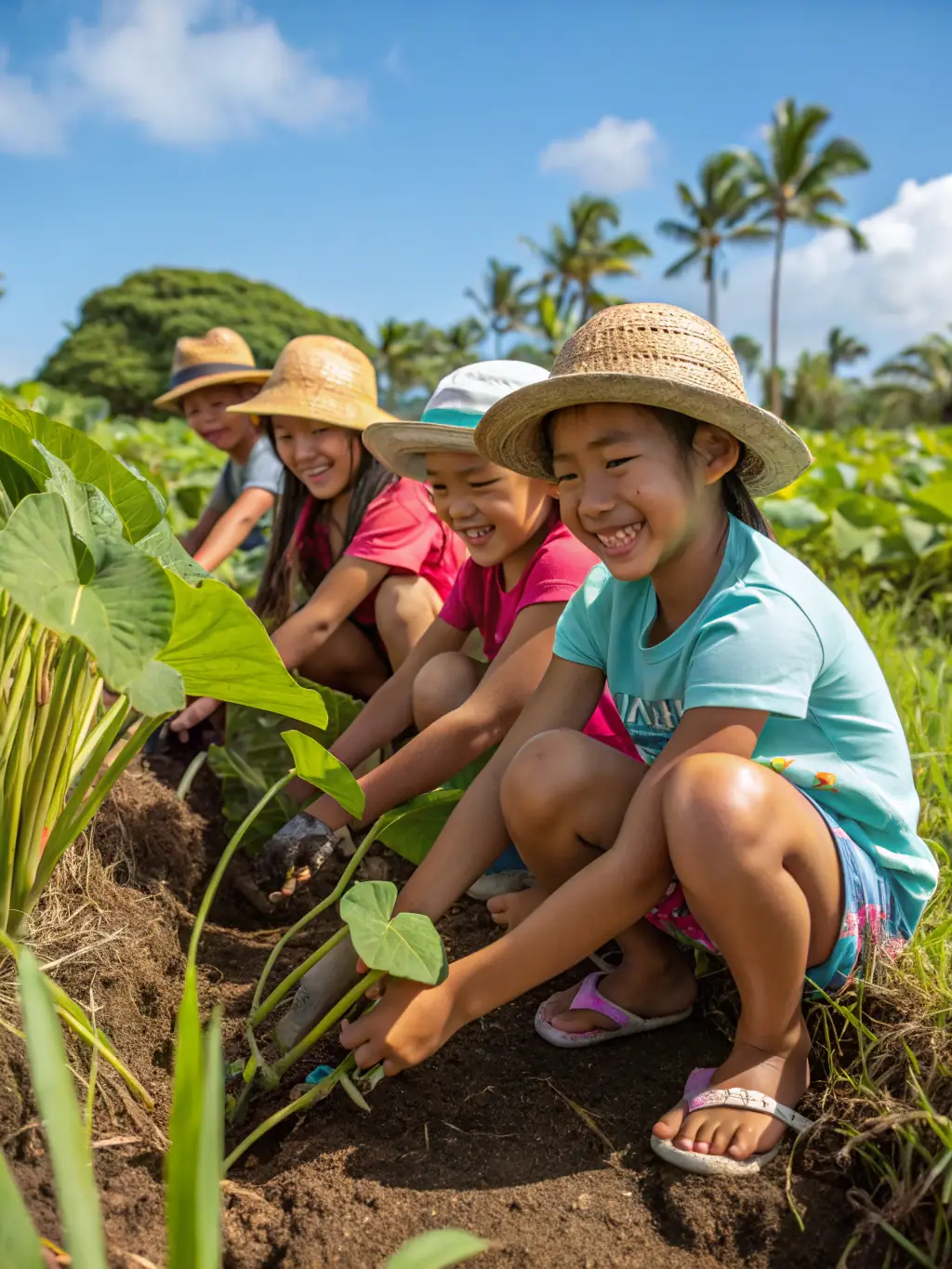 A photograph capturing the joy and engagement of children participating in a Lepo ‘Ula-sponsored agricultural workshop, learning about planting native Hawaiian crops.