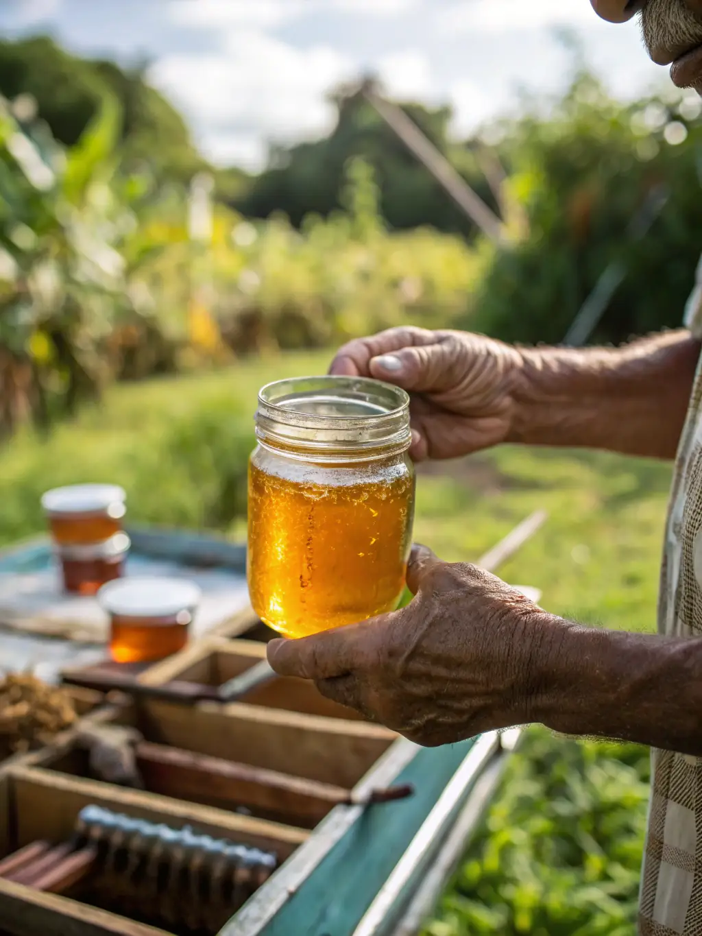A close-up image of a local farmer's hands holding a jar of Ka‘ū organic honey, highlighting the success of Lepo ‘Ula's organic honey initiative.