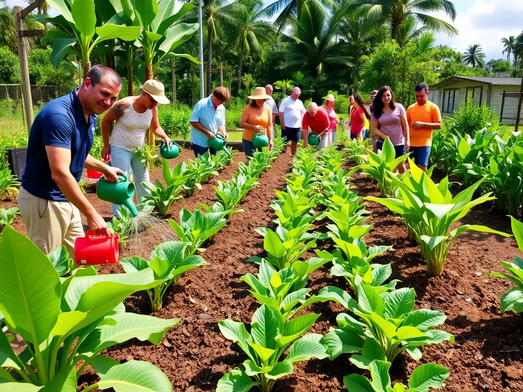 An image of a community garden with diverse native Hawaiian plants, highlighting the revitalization of traditional agriculture and local ecosystems.