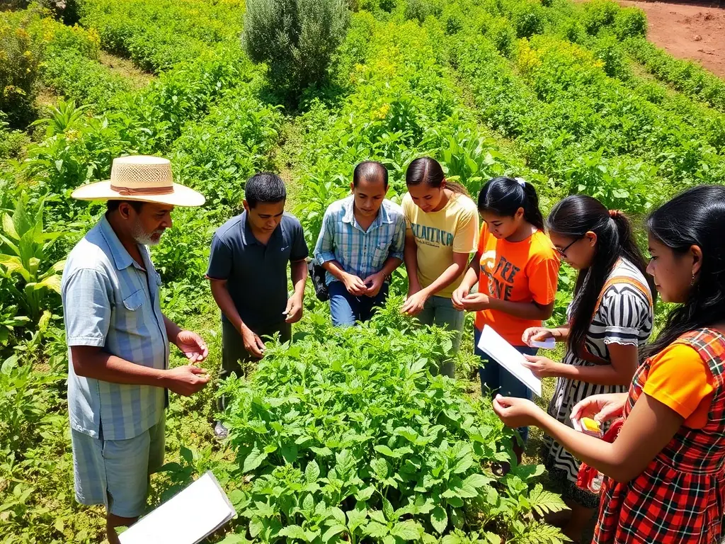 A vibrant image of local farmers participating in a Lepo ‘Ula workshop on sustainable farming techniques, showcasing hands-on learning and community engagement.