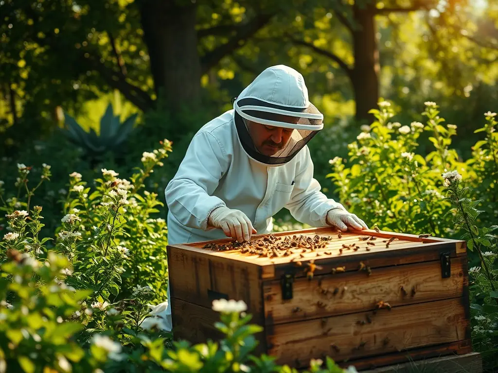 A close-up shot of a beekeeper tending to a hive as part of the Ka‘ū Organic Honey Initiative, emphasizing the importance of bee conservation and organic honey production.